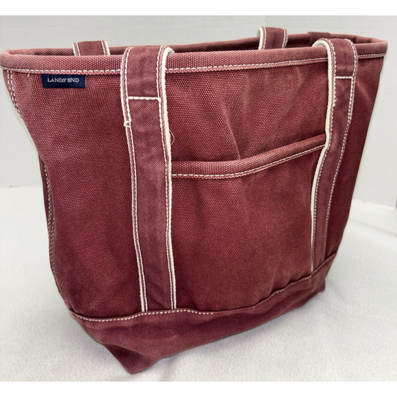 LANDS END Heavyweight Canvas Tote Open Maroon Pockets Inside & Out Key Fob Med - Picture 1 of 16